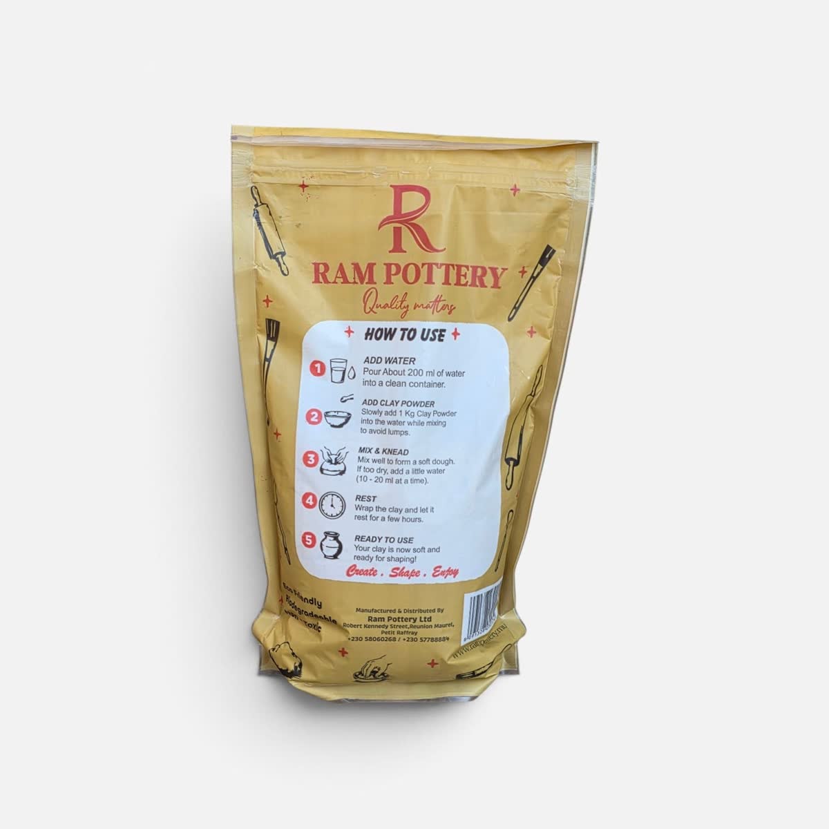 Ram Pottery Premium Clay Powder back pouch with instructions